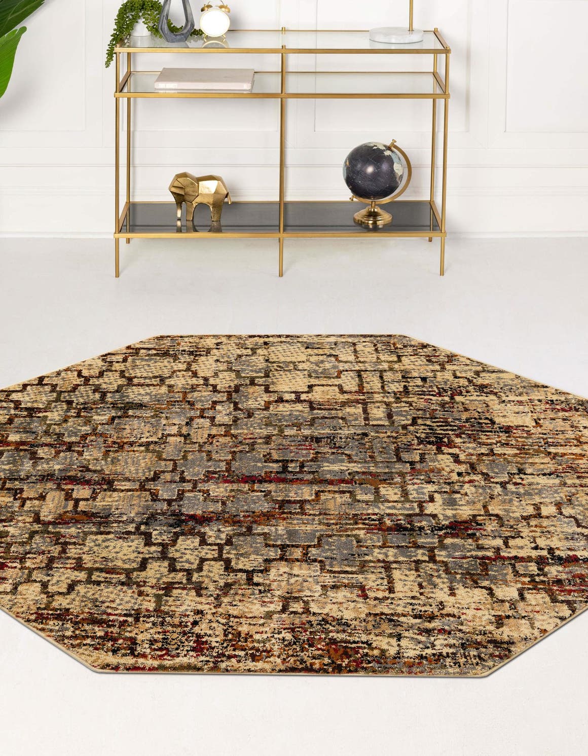 Beige Cream 7' 10 x 7' 10 Saturn Octagon Area Rug Stain Resistant Easy Clean Classic Vintage Design Durable Carpet for Affordable Home Interiors for Sale at Rug Engine