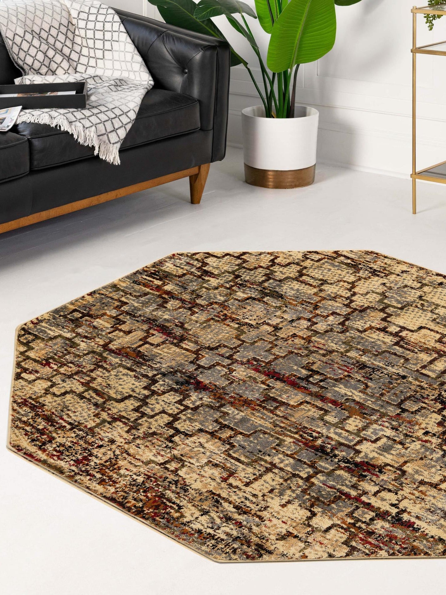 Beige Cream 7' 10 x 7' 10 Saturn Octagon Area Rug Stain Resistant Easy Clean Classic Vintage Design Durable Carpet for Affordable Home Interiors for Sale at Rug Engine