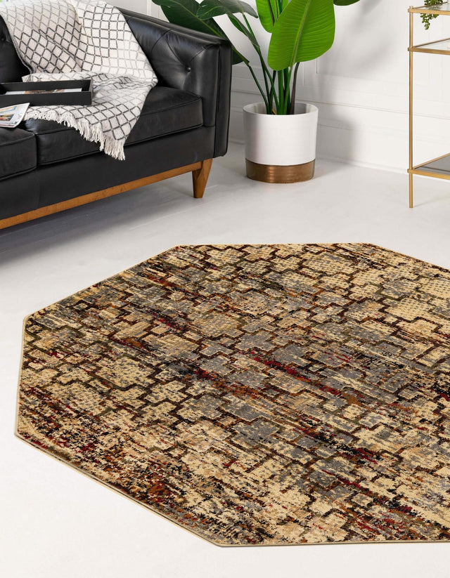 Beige Cream 7' 10 x 7' 10 Saturn Octagon Area Rug Stain Resistant Easy Clean Classic Vintage Design Durable Carpet for Affordable Home Interiors for Sale at Rug Engine