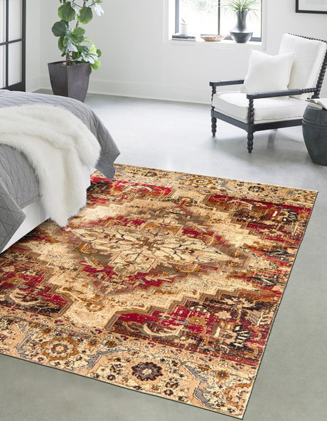 Burgundy Beige 5' 3 x 8' Saturn Rectangle Area Rug Stain Resistant Easy Clean Classic Vintage Design Durable Carpet for Affordable Home Interiors for Sale at Rug Engine