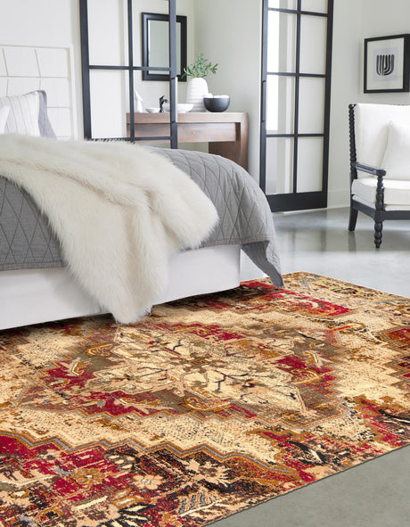 Burgundy Beige 5' 3 x 8' Saturn Rectangle Area Rug Stain Resistant Easy Clean Classic Vintage Design Durable Carpet for Affordable Home Interiors for Sale at Rug Engine