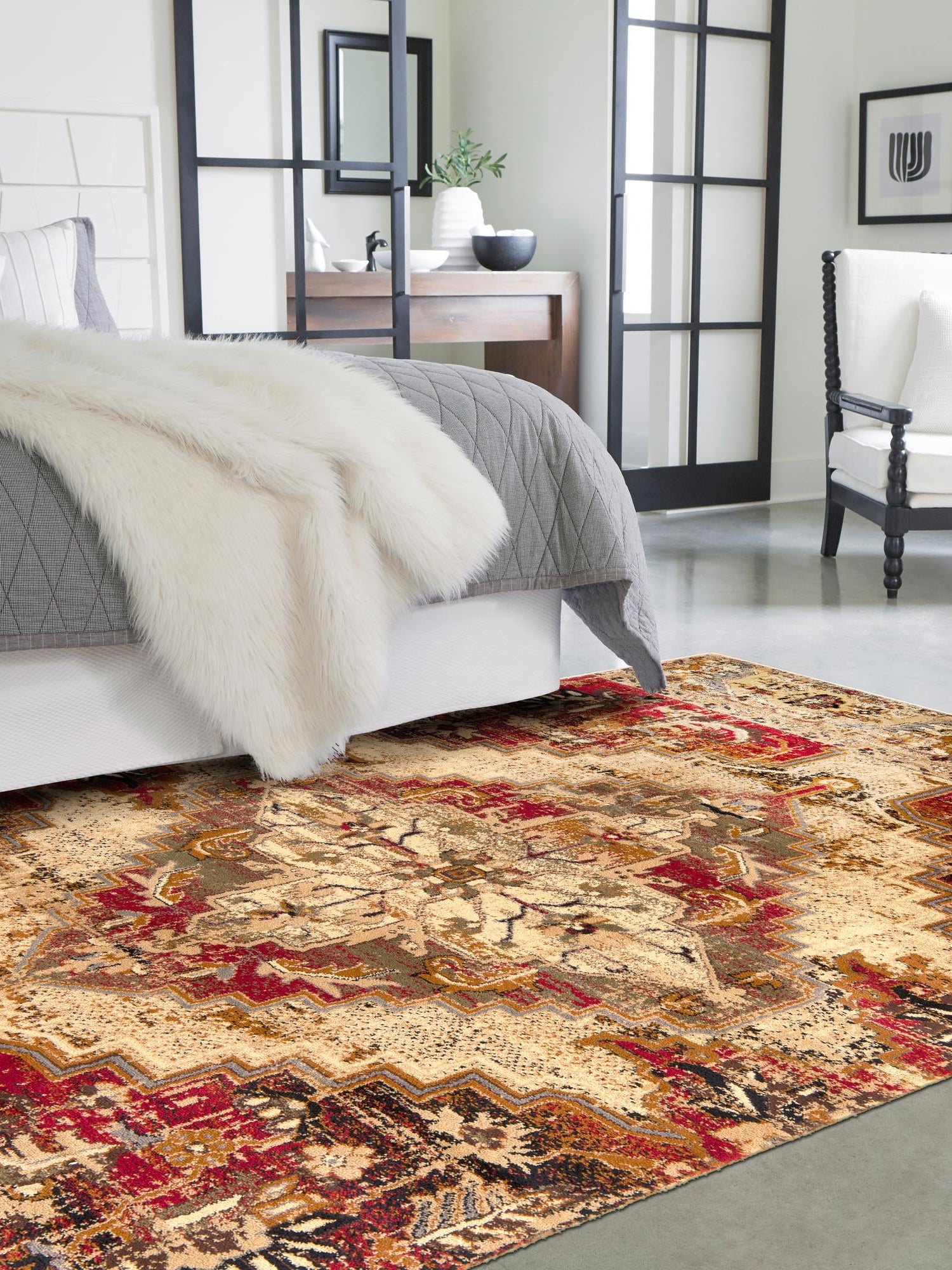 Burgundy Beige 6' 1 x 9' Saturn Rectangle Area Rug Stain Resistant Easy Clean Classic Vintage Design Durable Carpet for Affordable Home Interiors for Sale at Rug Engine