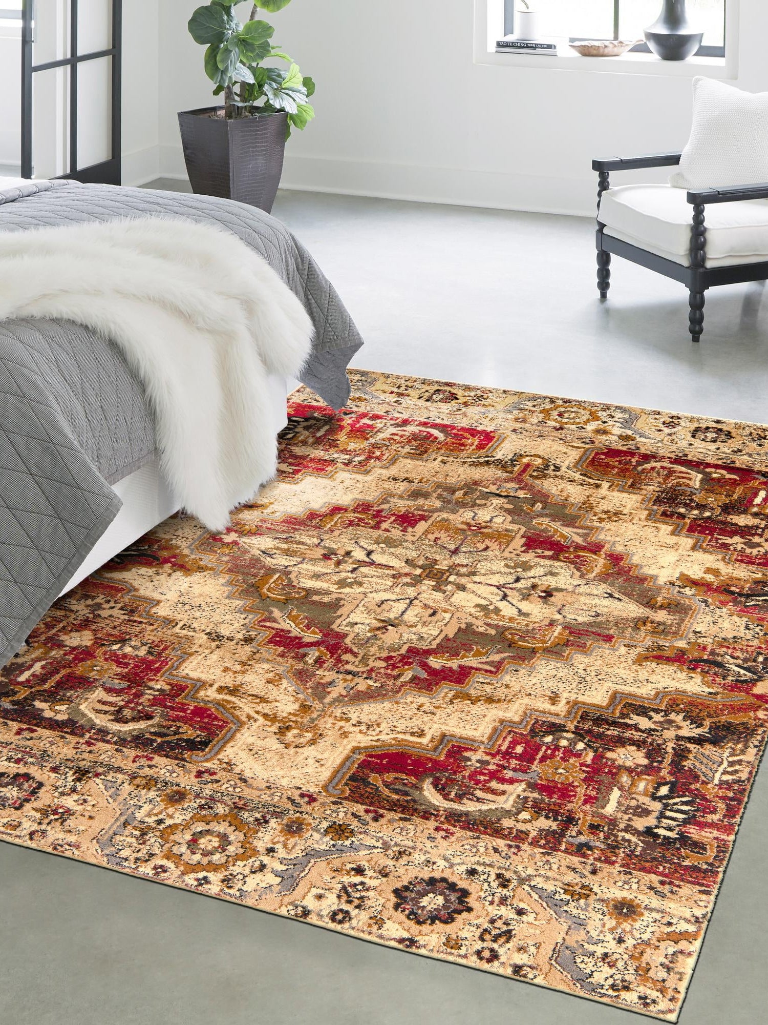 Burgundy Beige 6' 1 x 9' Saturn Rectangle Area Rug Stain Resistant Easy Clean Classic Vintage Design Durable Carpet for Affordable Home Interiors for Sale at Rug Engine
