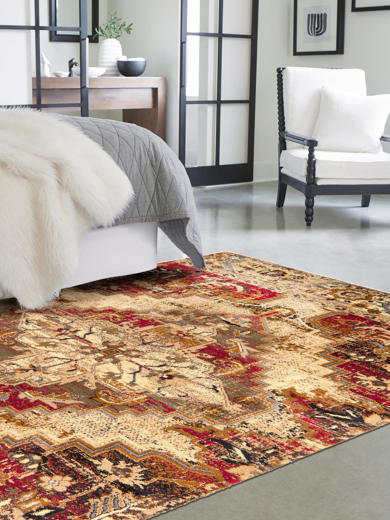 Burgundy Beige 6' 1 x 9' Saturn Rectangle Area Rug Stain Resistant Easy Clean Classic Vintage Design Durable Carpet for Affordable Home Interiors for Sale at Rug Engine