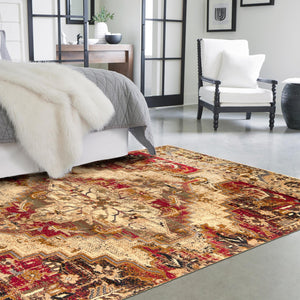 Burgundy Beige 6' 1 x 9' Saturn Rectangle Area Rug Stain Resistant Easy Clean Classic Vintage Design Durable Carpet for Affordable Home Interiors for Sale at Rug Engine