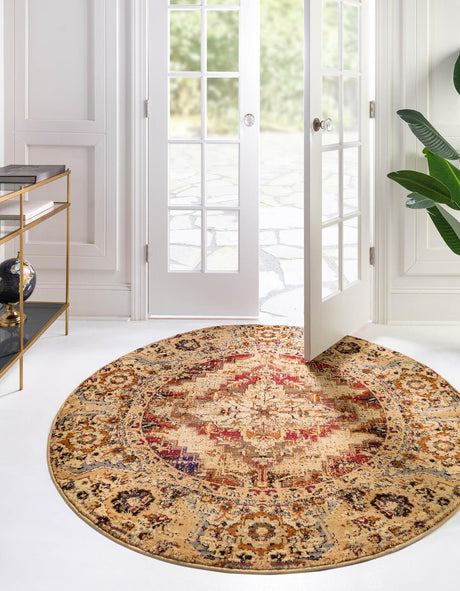 Burgundy Beige 7' 1 x 7' 1 Saturn Round Area Rug Stain Resistant Easy Clean Classic Vintage Design Durable Carpet for Affordable Home Interiors for Sale at Rug Engine