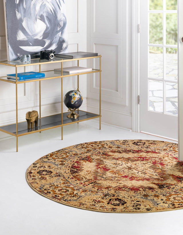 Burgundy Beige 5' 3 x 5' 3 Saturn Round Area Rug Stain Resistant Easy Clean Classic Vintage Design Durable Carpet for Affordable Home Interiors for Sale at Rug Engine