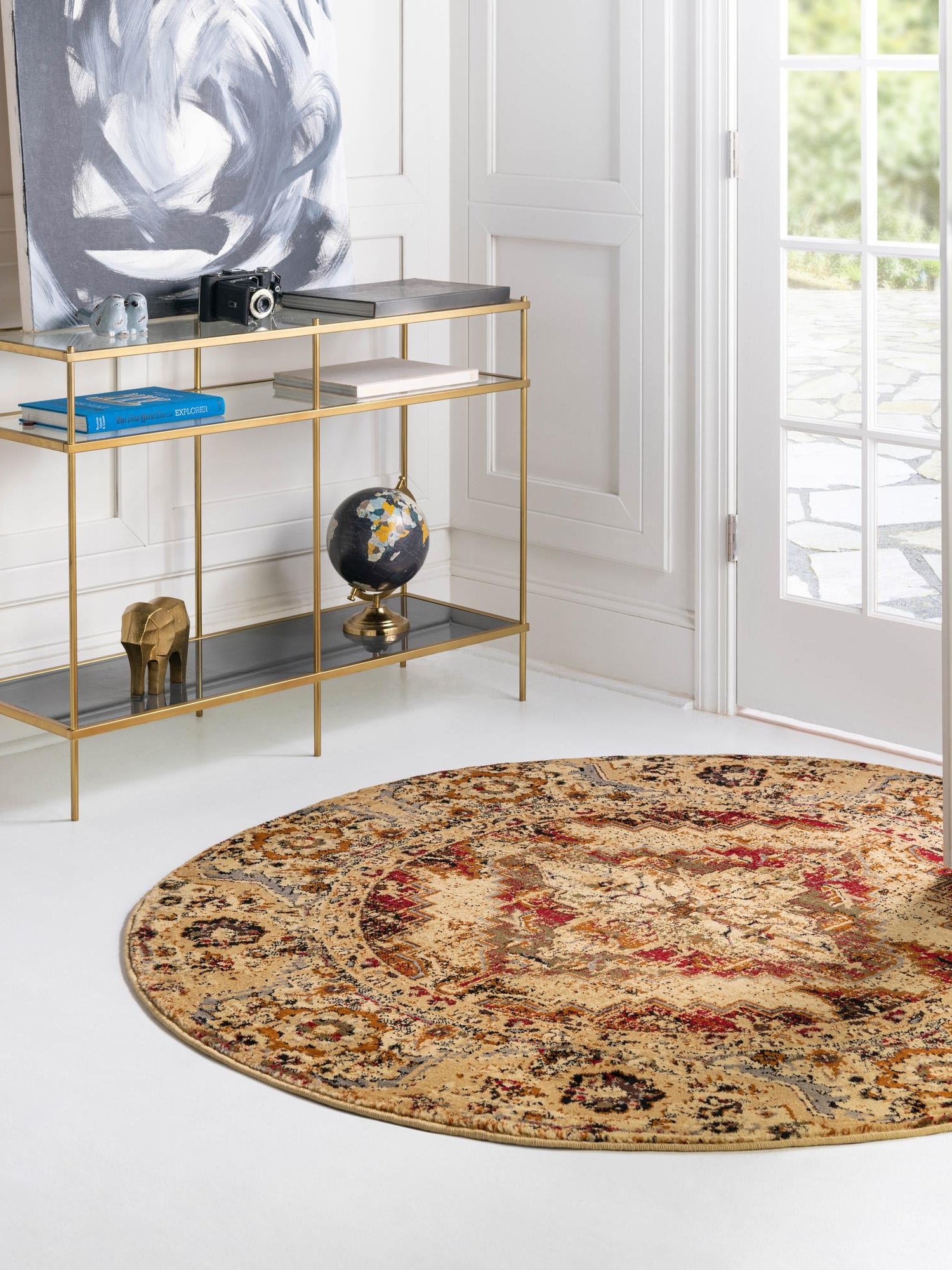 Burgundy Beige 7' 10 x 7' 10 Saturn Round Area Rug Stain Resistant Easy Clean Classic Vintage Design Durable Carpet for Affordable Home Interiors for Sale at Rug Engine