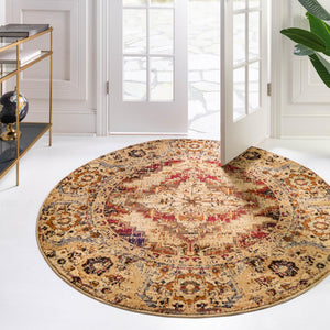 Burgundy Beige 5' 3 x 5' 3 Saturn Round Area Rug Stain Resistant Easy Clean Classic Vintage Design Durable Carpet for Affordable Home Interiors for Sale at Rug Engine