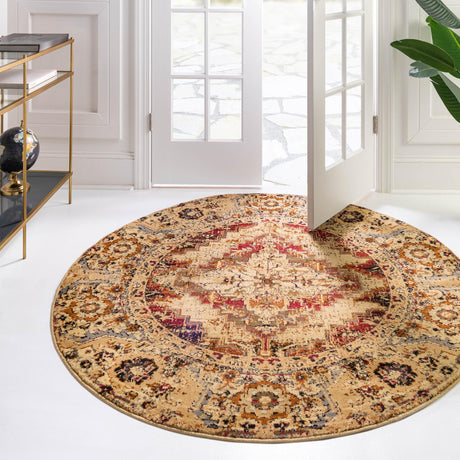 Burgundy Beige 5' 3 x 5' 3 Saturn Round Area Rug Stain Resistant Easy Clean Classic Vintage Design Durable Carpet for Affordable Home Interiors for Sale at Rug Engine