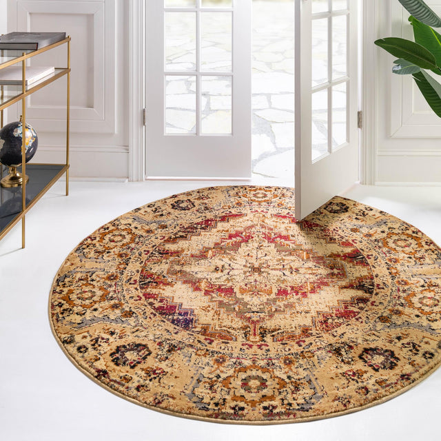Burgundy Beige 5' 3 x 5' 3 Saturn Round Area Rug Stain Resistant Easy Clean Classic Vintage Design Durable Carpet for Affordable Home Interiors for Sale at Rug Engine