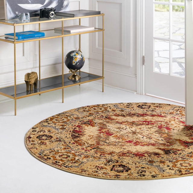 Burgundy Beige 5' 3 x 5' 3 Saturn Round Area Rug Stain Resistant Easy Clean Classic Vintage Design Durable Carpet for Affordable Home Interiors for Sale at Rug Engine