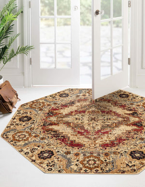 Burgundy Beige 7' 10 x 7' 10 Saturn Octagon Area Rug Stain Resistant Easy Clean Classic Vintage Design Durable Carpet for Affordable Home Interiors for Sale at Rug Engine