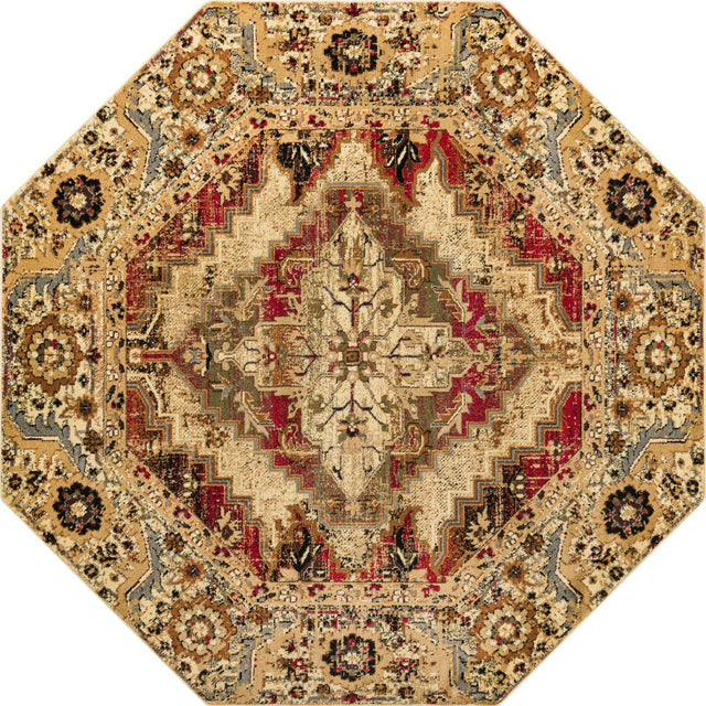 Burgundy Beige 7' 10 x 7' 10 Saturn Octagon Area Rug Stain Resistant Easy Clean Classic Vintage Design Durable Carpet for Affordable Home Interiors for Sale at Rug Engine