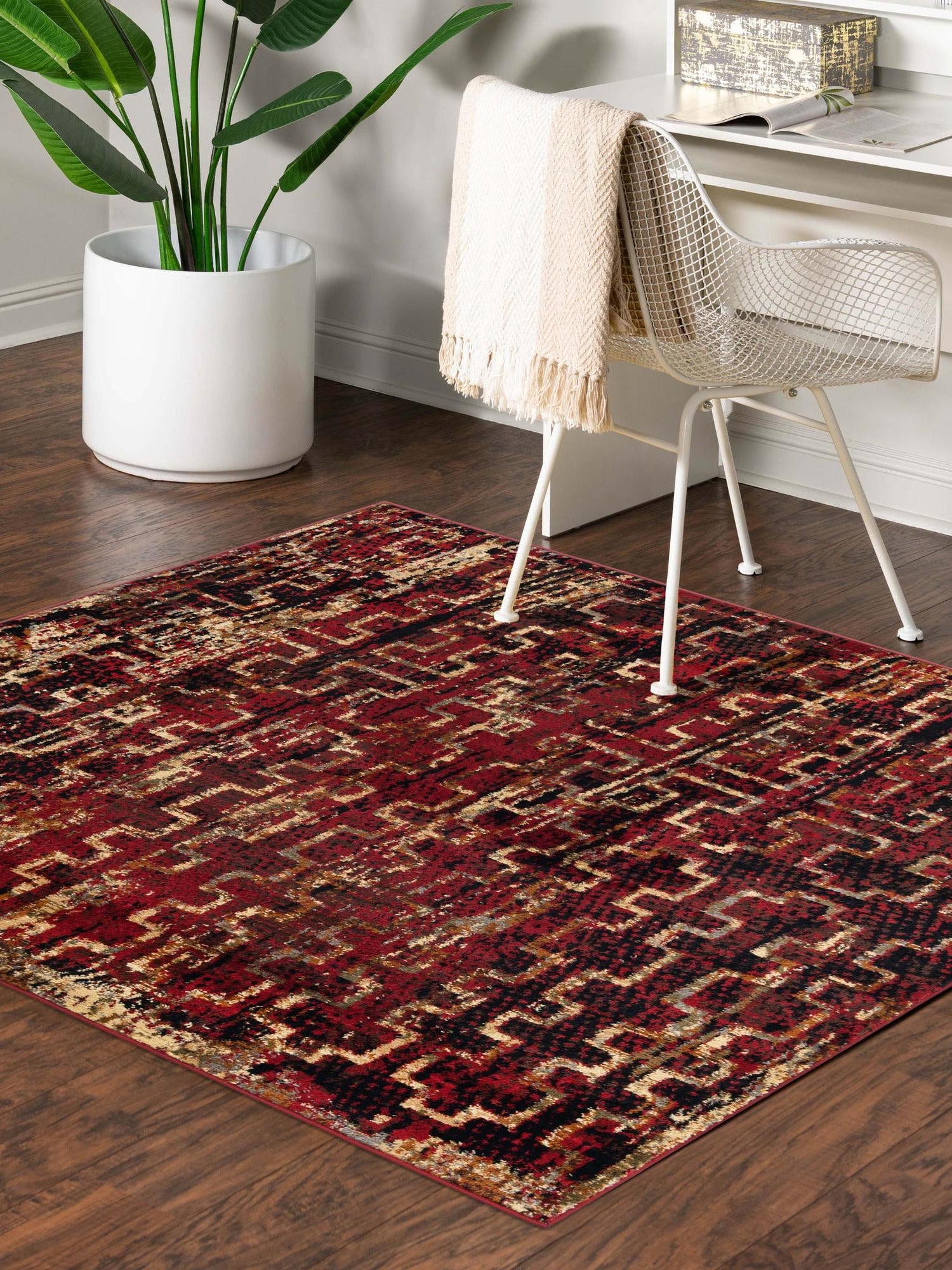 Burgundy 7' 10 x 7' 10 Saturn Square Area Rug Stain Resistant Easy Clean Classic Vintage Design Durable Carpet for Affordable Home Interiors for Sale at Rug Engine