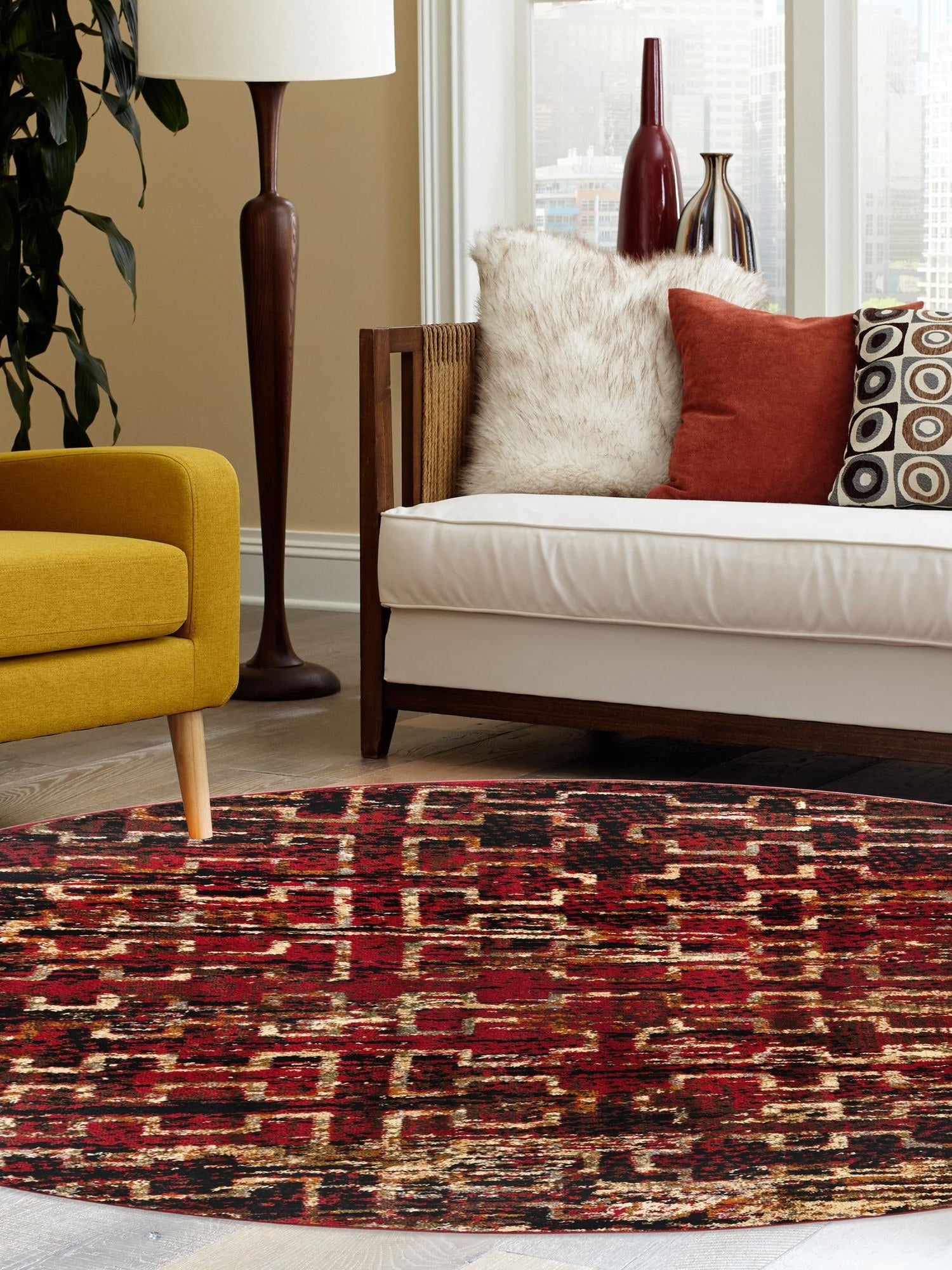 Burgundy 5' 3 x 5' 3 Saturn Round Area Rug Stain Resistant Easy Clean Classic Vintage Design Durable Carpet for Affordable Home Interiors for Sale at Rug Engine