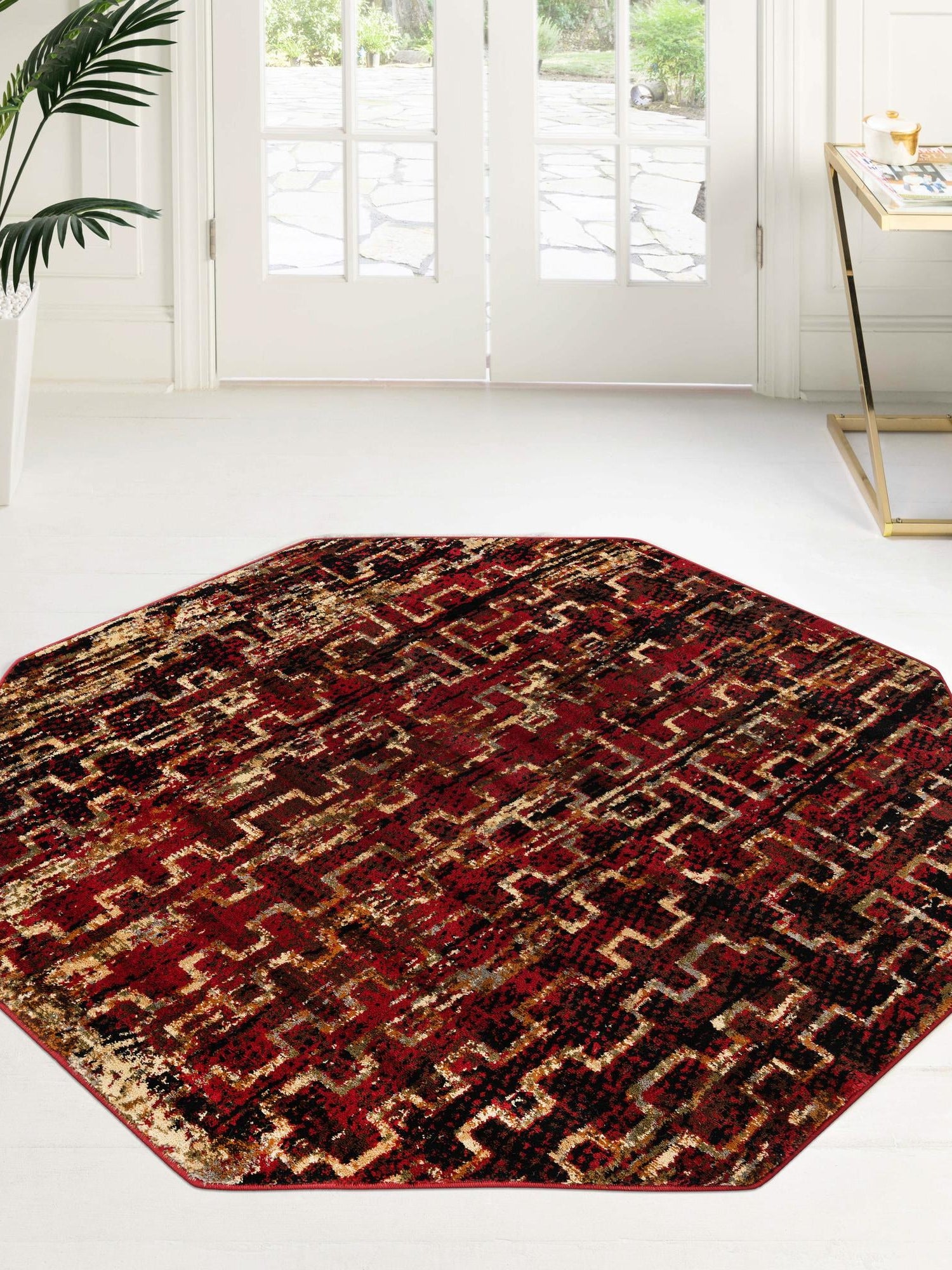 Burgundy 7' 10 x 7' 10 Saturn Octagon Area Rug Stain Resistant Easy Clean Classic Vintage Design Durable Carpet for Affordable Home Interiors for Sale at Rug Engine