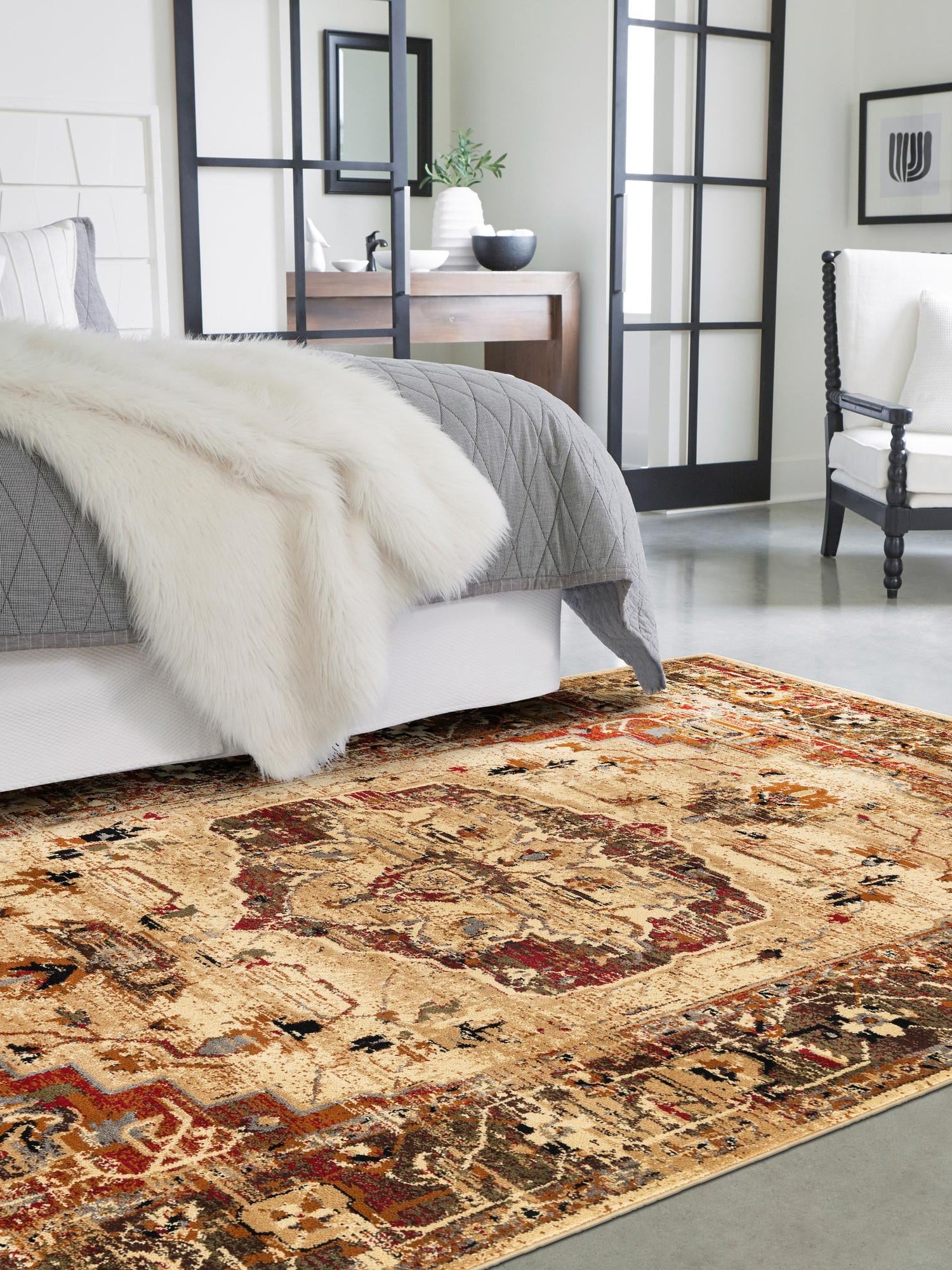 Cream 6' x 9' Saturn Rectangle Area Rug Stain Resistant Easy Clean Classic Vintage Design Durable Carpet for Affordable Home Interiors for Sale at Rug Engine
