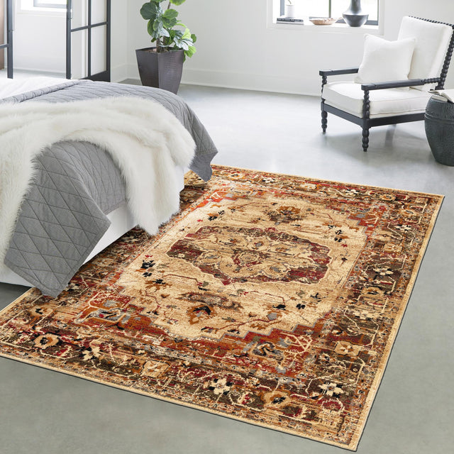 Cream 5' 3 x 8' Saturn Rectangle Area Rug Stain Resistant Easy Clean Classic Vintage Design Durable Carpet for Affordable Home Interiors for Sale at Rug Engine