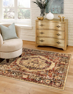 Cream 5' 3 x 5' 3 Saturn Square Area Rug Stain Resistant Easy Clean Classic Vintage Design Durable Carpet for Affordable Home Interiors for Sale at Rug Engine