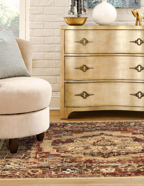 Cream 5' 3 x 5' 3 Saturn Square Area Rug Stain Resistant Easy Clean Classic Vintage Design Durable Carpet for Affordable Home Interiors for Sale at Rug Engine