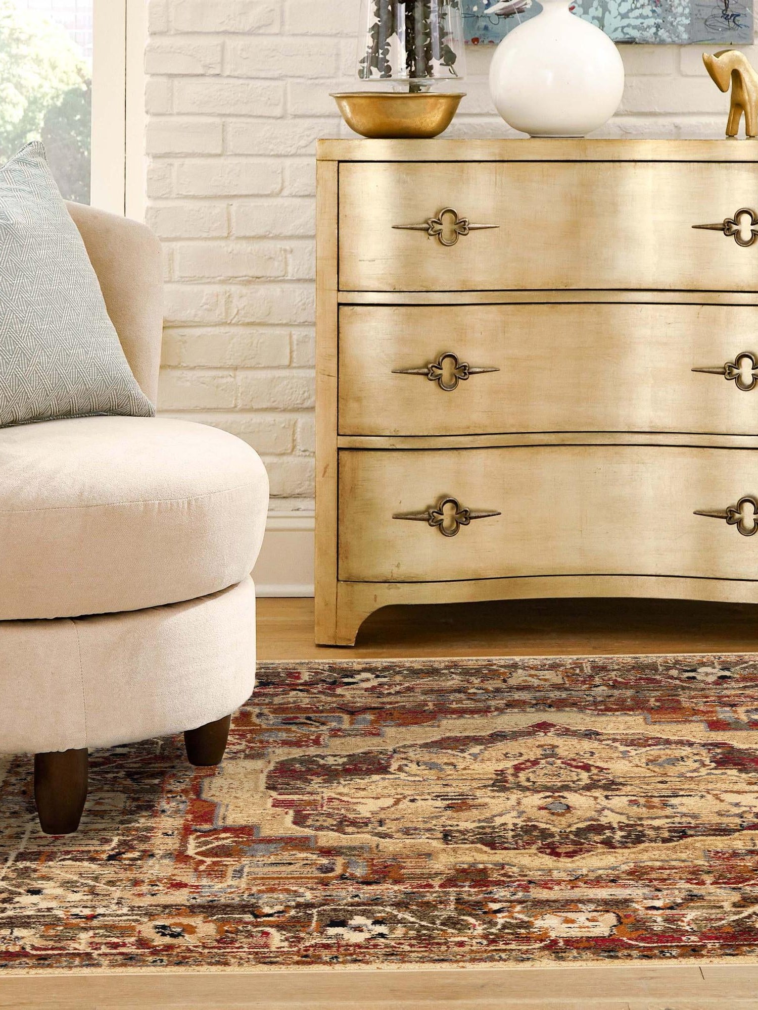 Cream 7' 10 x 7' 10 Saturn Square Area Rug Stain Resistant Easy Clean Classic Vintage Design Durable Carpet for Affordable Home Interiors for Sale at Rug Engine