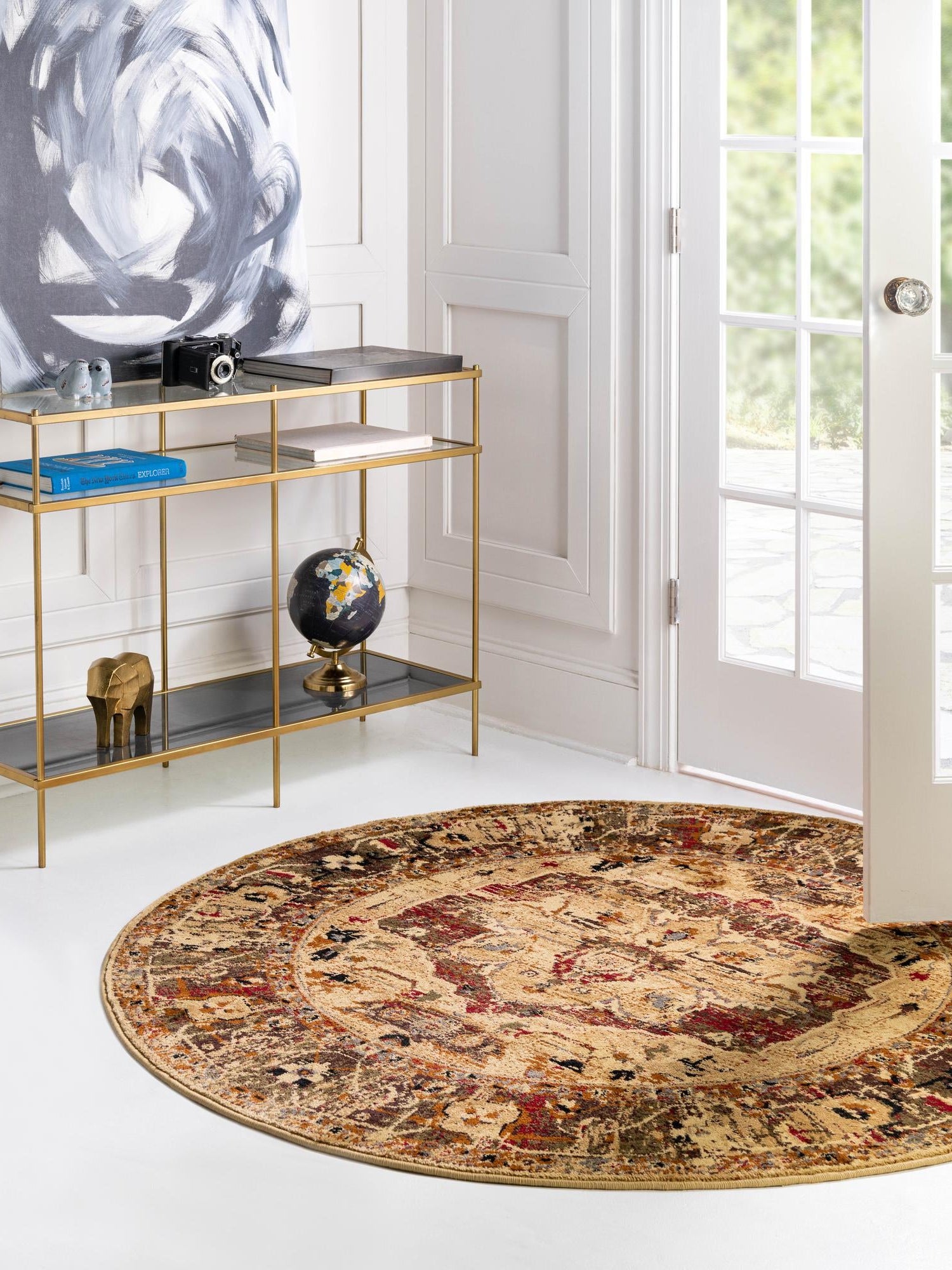 Cream 7' x 7' Saturn Round Area Rug Stain Resistant Easy Clean Classic Vintage Design Durable Carpet for Affordable Home Interiors for Sale at Rug Engine
