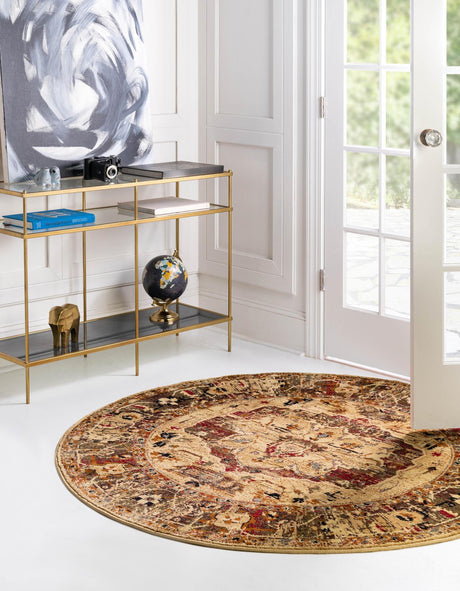 Cream 5' 3 x 5' 3 Saturn Round Area Rug Stain Resistant Easy Clean Classic Vintage Design Durable Carpet for Affordable Home Interiors for Sale at Rug Engine