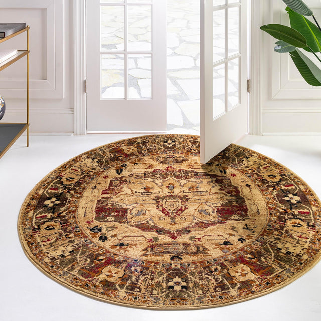 Cream 7' 10 x 7' 10 Saturn Round Area Rug Stain Resistant Easy Clean Classic Vintage Design Durable Carpet for Affordable Home Interiors for Sale at Rug Engine