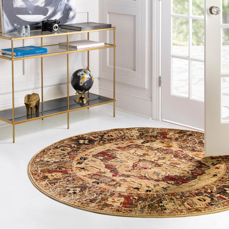 Cream 7' 10 x 7' 10 Saturn Round Area Rug Stain Resistant Easy Clean Classic Vintage Design Durable Carpet for Affordable Home Interiors for Sale at Rug Engine