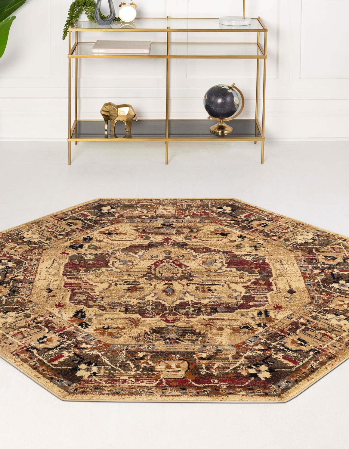 Cream 8' x 8' Saturn Octagon Area Rug Stain Resistant Easy Clean Classic Vintage Design Durable Carpet for Affordable Home Interiors for Sale at Rug Engine