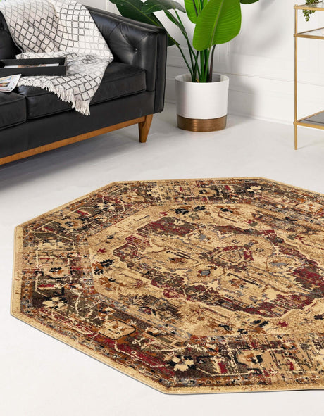 Cream 5' 3 x 5' 3 Saturn Octagon Area Rug Stain Resistant Easy Clean Classic Vintage Design Durable Carpet for Affordable Home Interiors for Sale at Rug Engine