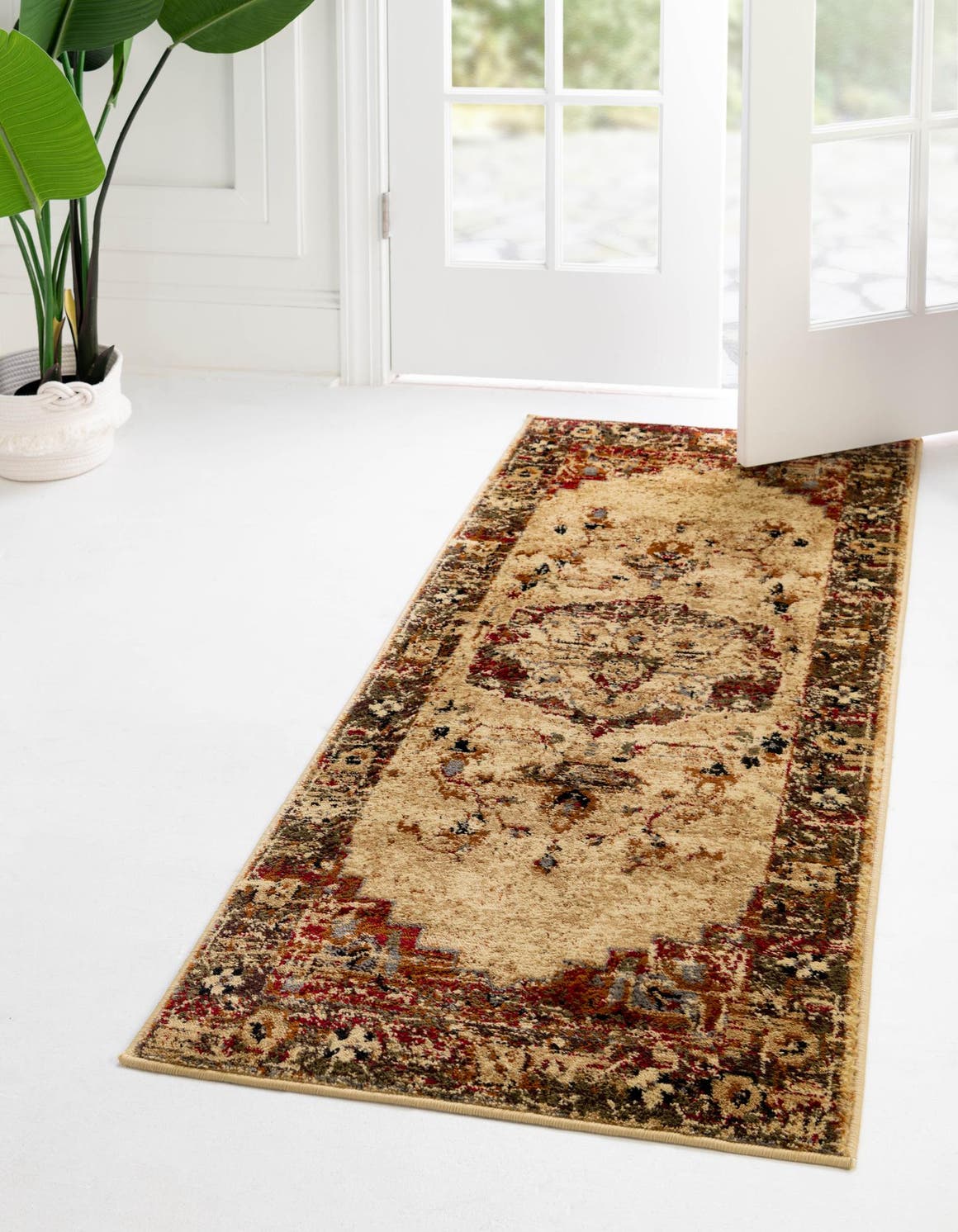 Cream 2' 2 x 9' Saturn Runner Area Rug Stain Resistant Easy Clean Classic Vintage Design Durable Carpet for Affordable Home Interiors for Sale at Rug Engine