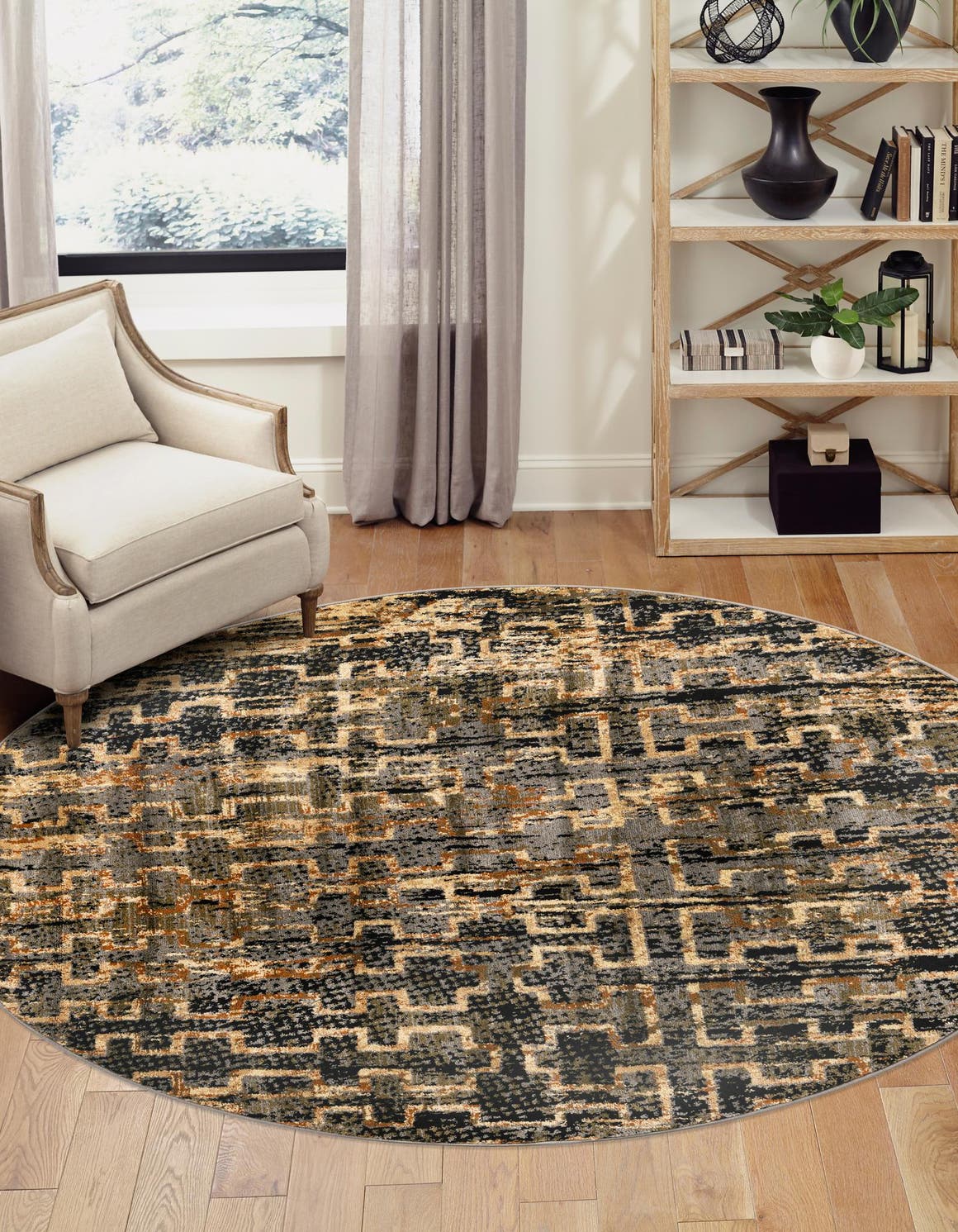 Blue 5' 3 x 5' 3 Saturn Round Area Rug Stain Resistant Easy Clean Classic Vintage Design Durable Carpet for Affordable Home Interiors for Sale at Rug Engine