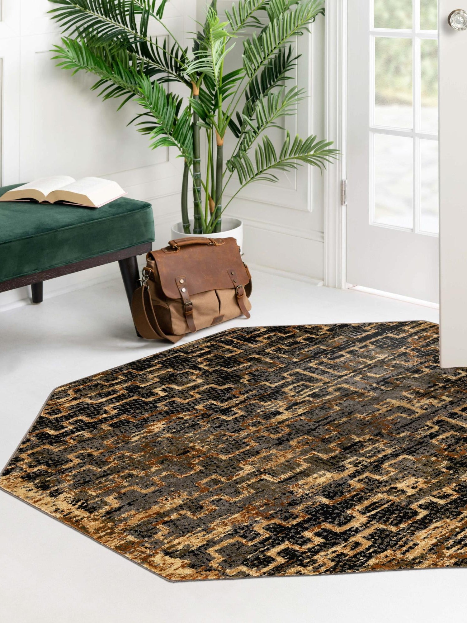 Blue 3' 3 x 3' 3 Saturn Octagon Area Rug Stain Resistant Easy Clean Classic Vintage Design Durable Carpet for Affordable Home Interiors for Sale at Rug Engine