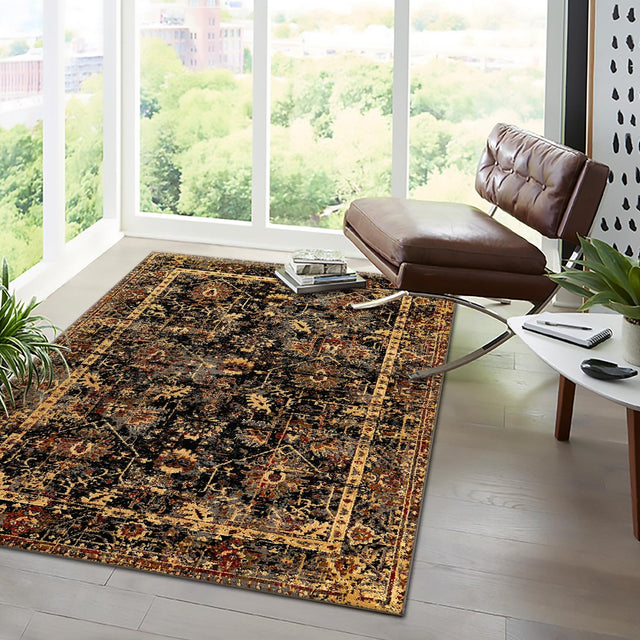 Black 7' 10 x 10' Saturn Rectangle Area Rug Stain Resistant Easy Clean Classic Vintage Design Durable Carpet for Affordable Home Interiors for Sale at Rug Engine