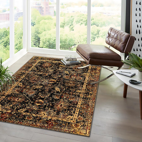 Black 9' x 12' Saturn Rectangle Area Rug Stain Resistant Easy Clean Classic Vintage Design Durable Carpet for Affordable Home Interiors for Sale at Rug Engine