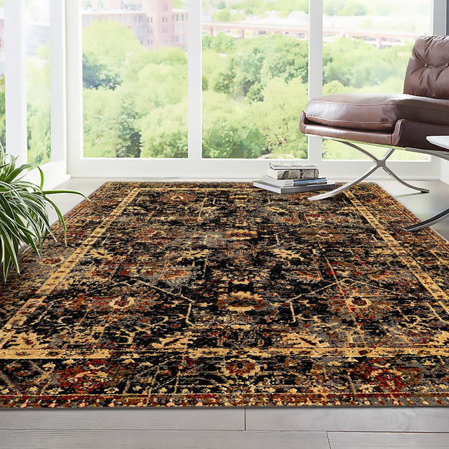 Black 7' 10 x 10' Saturn Rectangle Area Rug Stain Resistant Easy Clean Classic Vintage Design Durable Carpet for Affordable Home Interiors for Sale at Rug Engine
