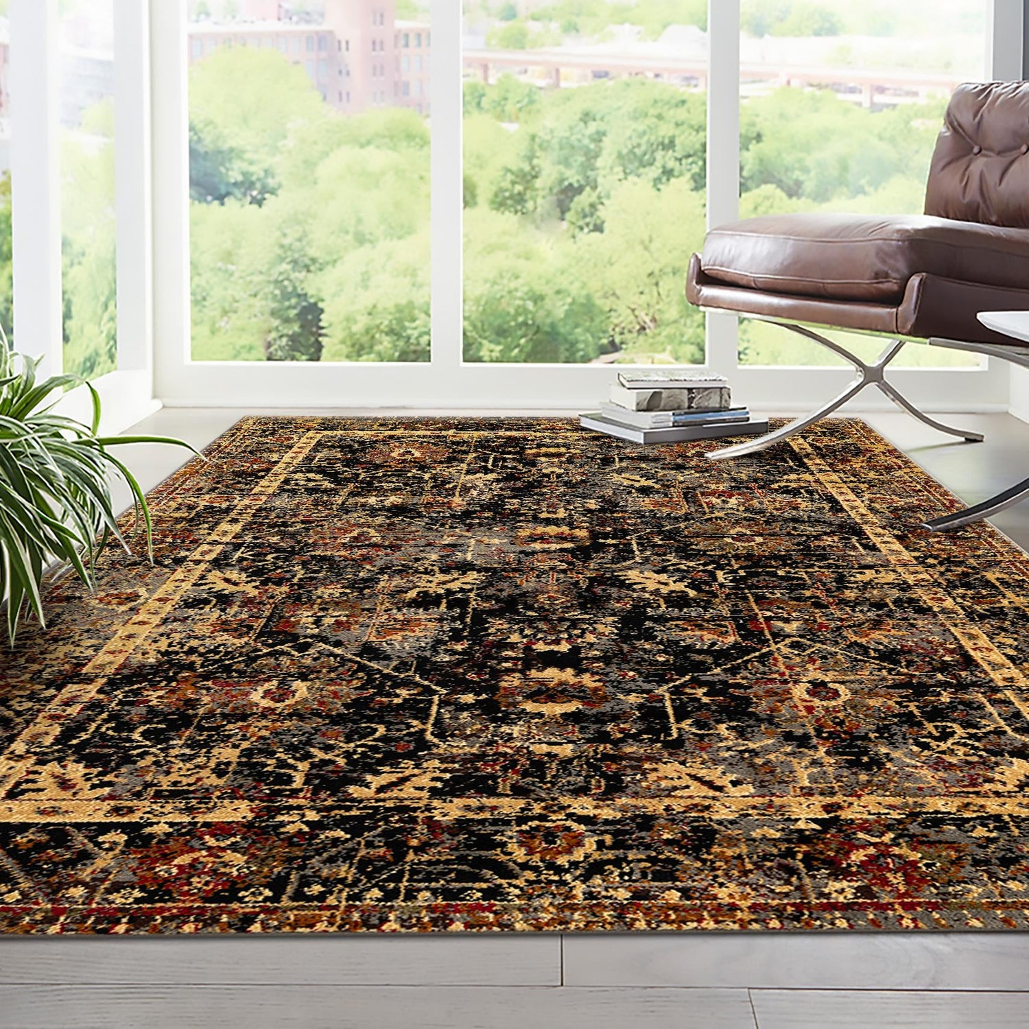 Black 9' x 12' Saturn Rectangle Area Rug Stain Resistant Easy Clean Classic Vintage Design Durable Carpet for Affordable Home Interiors for Sale at Rug Engine