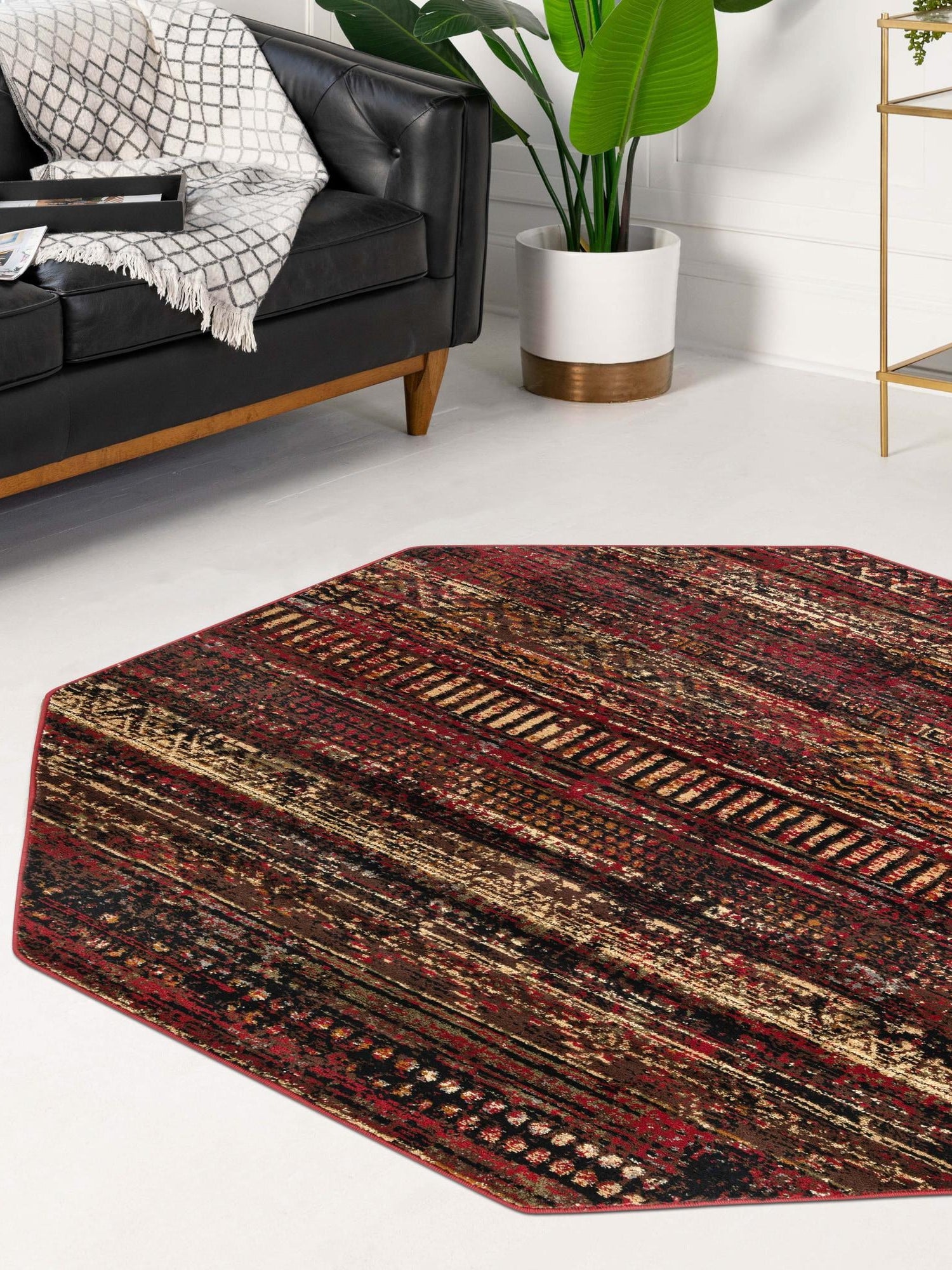 Burgundy 5' 3 x 5' 3 Saturn Octagon Area Rug Stain Resistant Easy Clean Classic Vintage Design Durable Carpet for Affordable Home Interiors for Sale at Rug Engine