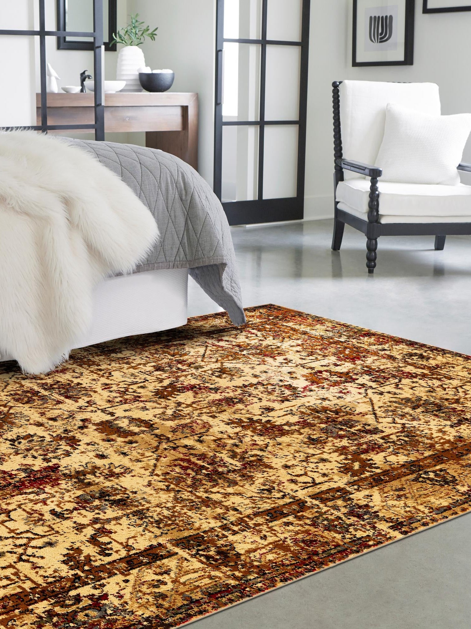 Beige Cream 4' 1 x 6' 1 Saturn Rectangle Area Rug Stain Resistant Easy Clean Classic Vintage Design Durable Carpet for Affordable Home Interiors for Sale at Rug Engine
