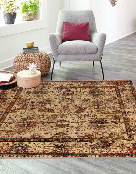 Beige Cream 5' 3 x 5' 3 Saturn Square Area Rug Stain Resistant Easy Clean Classic Vintage Design Durable Carpet for Affordable Home Interiors for Sale at Rug Engine