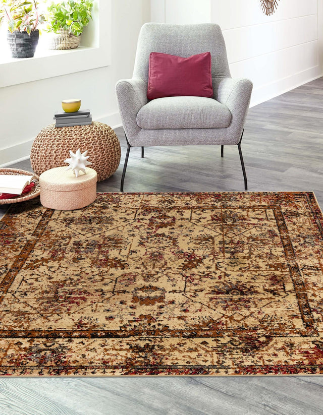 Beige Cream 5' 3 x 5' 3 Saturn Square Area Rug Stain Resistant Easy Clean Classic Vintage Design Durable Carpet for Affordable Home Interiors for Sale at Rug Engine