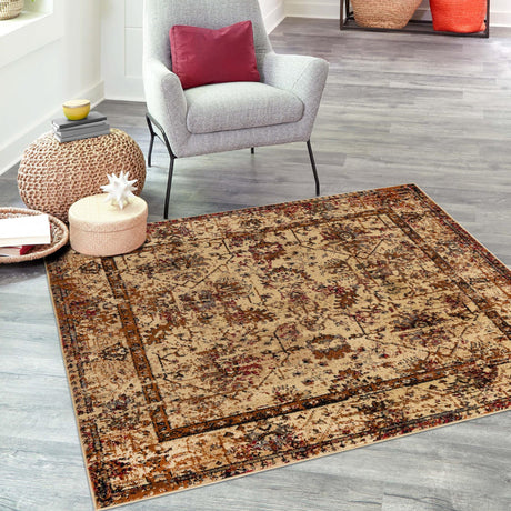 Beige Cream 5' 3 x 5' 3 Saturn Square Area Rug Stain Resistant Easy Clean Classic Vintage Design Durable Carpet for Affordable Home Interiors for Sale at Rug Engine