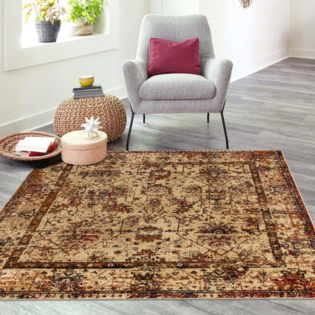 Beige Cream 5' 3 x 5' 3 Saturn Square Area Rug Stain Resistant Easy Clean Classic Vintage Design Durable Carpet for Affordable Home Interiors for Sale at Rug Engine