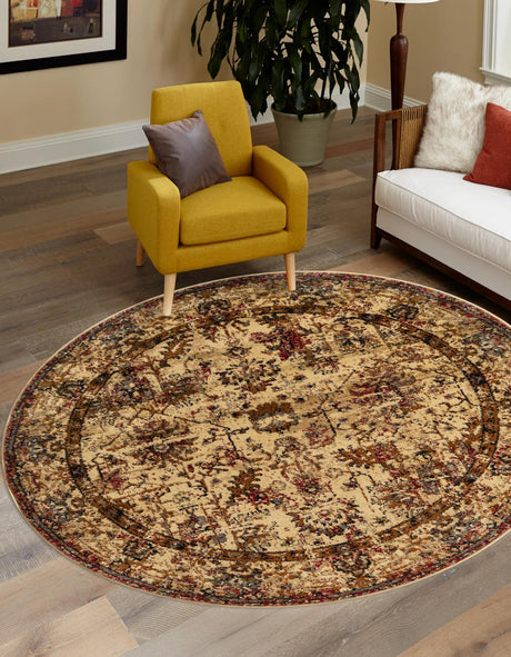 Beige Cream 7' 10 x 7' 10 Saturn Round Area Rug Stain Resistant Easy Clean Classic Vintage Design Durable Carpet for Affordable Home Interiors for Sale at Rug Engine