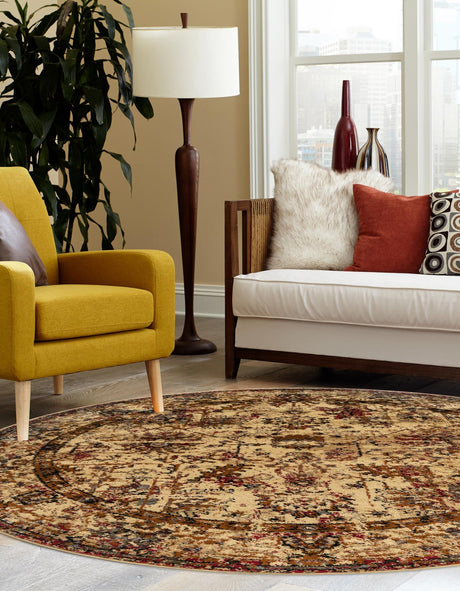 Beige Cream 5' 3 x 5' 3 Saturn Round Area Rug Stain Resistant Easy Clean Classic Vintage Design Durable Carpet for Affordable Home Interiors for Sale at Rug Engine