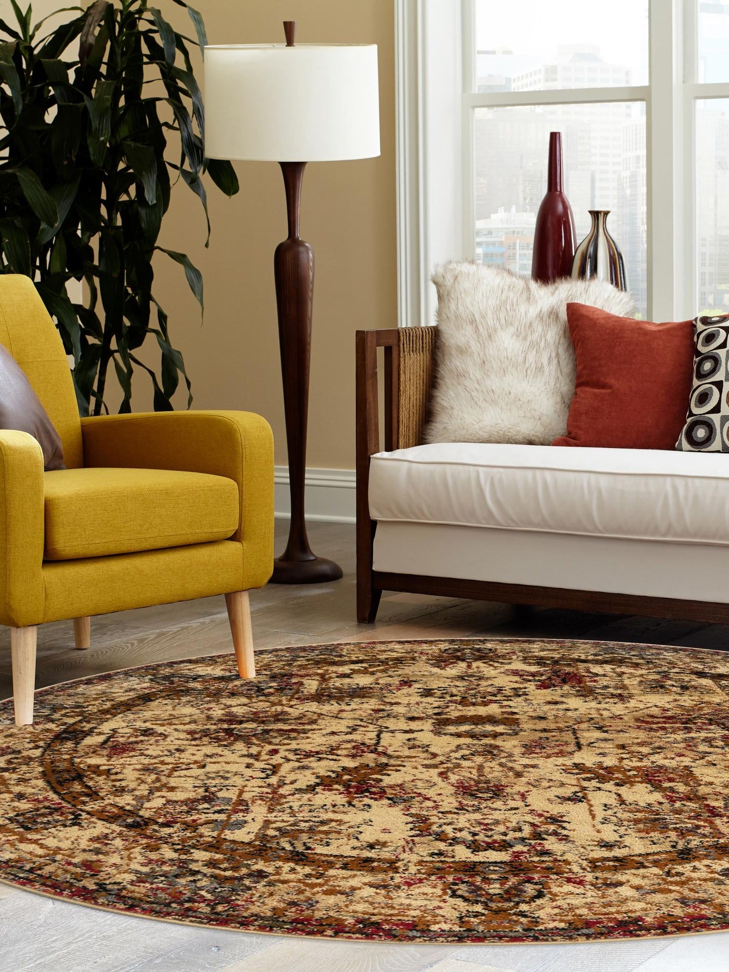 Beige Cream 7' 10 x 7' 10 Saturn Round Area Rug Stain Resistant Easy Clean Classic Vintage Design Durable Carpet for Affordable Home Interiors for Sale at Rug Engine