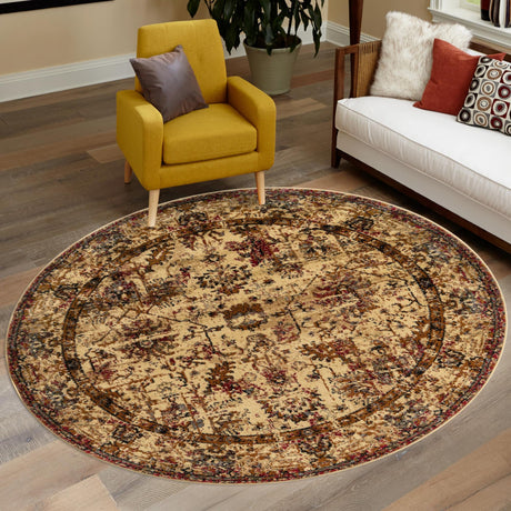 Beige Cream 5' 3 x 5' 3 Saturn Round Area Rug Stain Resistant Easy Clean Classic Vintage Design Durable Carpet for Affordable Home Interiors for Sale at Rug Engine