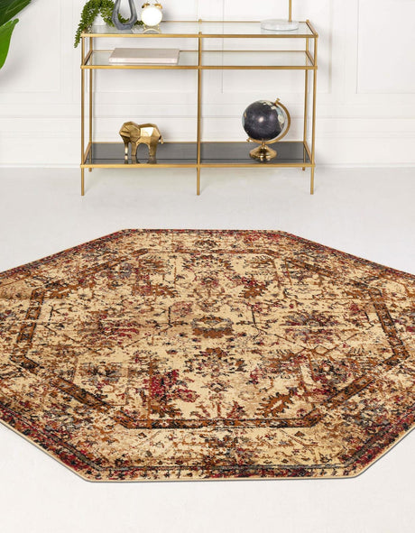 Beige Cream 7' 10 x 7' 10 Saturn Octagon Area Rug Stain Resistant Easy Clean Classic Vintage Design Durable Carpet for Affordable Home Interiors for Sale at Rug Engine